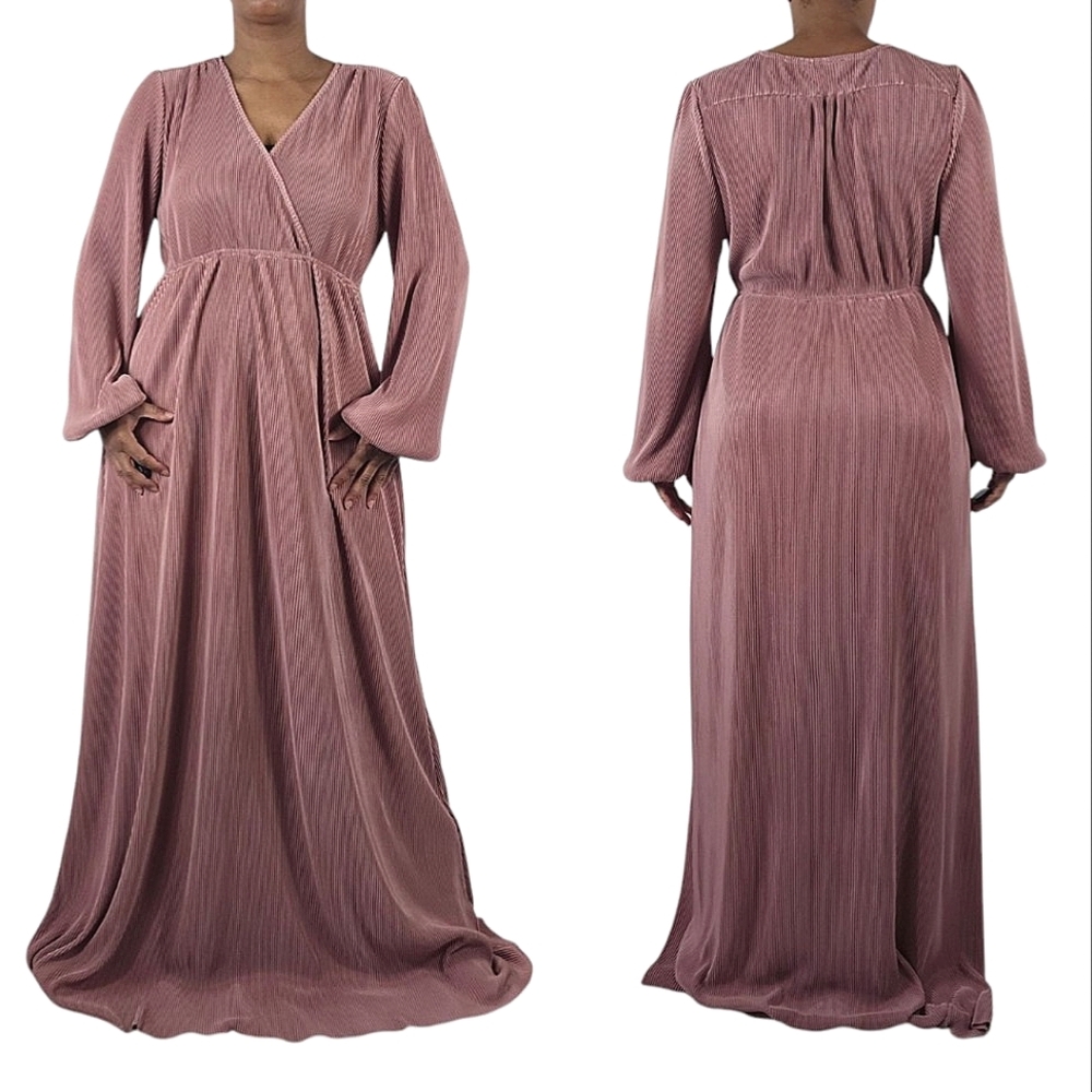 Baltic Born Vneck Mauve Ribbed/Pleat Bishop Sleeves Maxi Dress